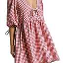 PINUPART Women's Summer Coverup Beach Picnic Gingham Puff Sleeve Tie Front Babydoll Mini Dress Red White Medium