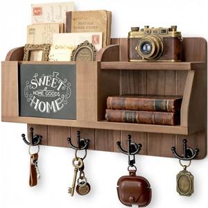 Rebee Vision Farmhouse Key and Mail Holder for Wall - Mail Organizer with Chalkboard and 4 Hooks - Rustic Home Decor for Entryway