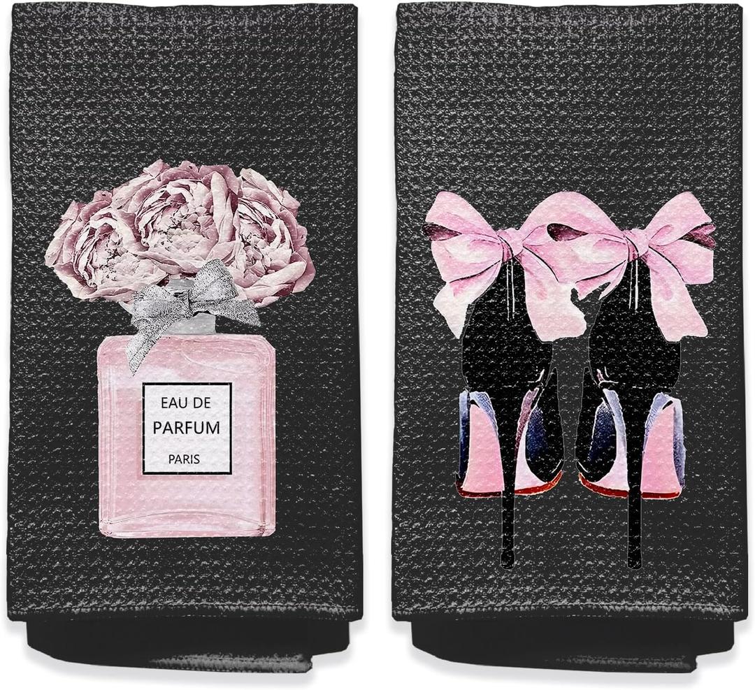 Pink Bathroom Towels Accessories Set of 2 Black and Light Pink High Heel Hand Towels Decor for Bathroom Kitchen Towel