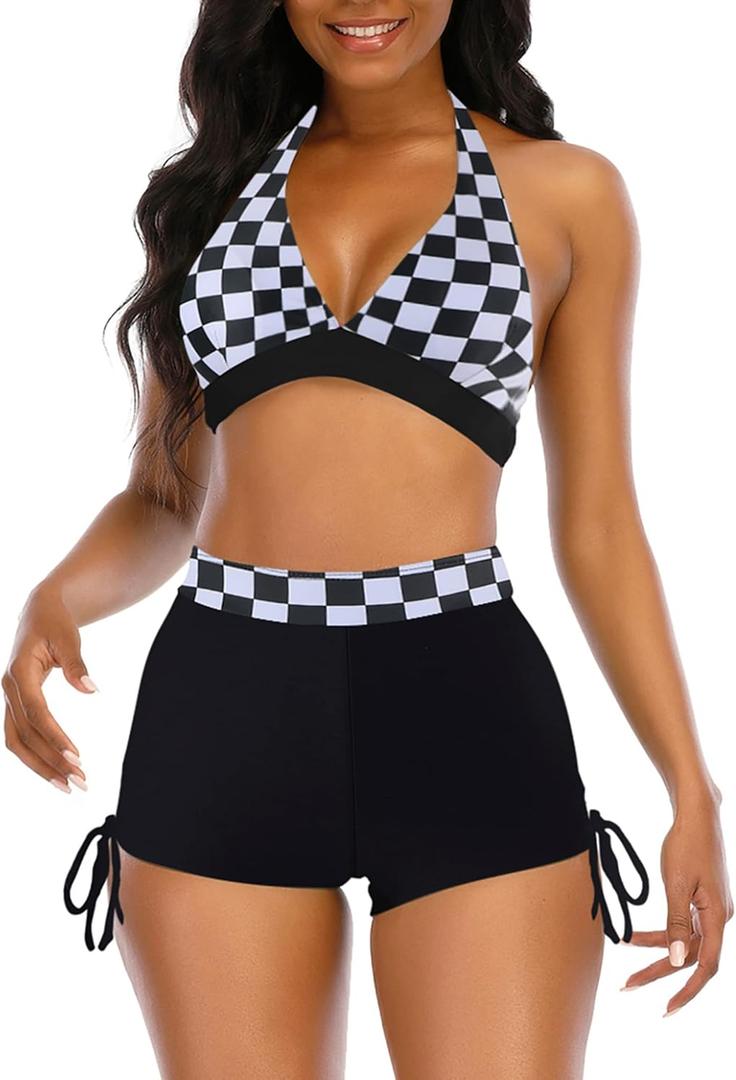 Womens High Waisted Swimsuits with Boy Shorts Brazilian Triangle Top Stripes Halter Bikini Two Piece Bathing Suits (Large, Checkered) Womens High Waisted Swimsuits with Boy Shorts Brazilian Triangle Top Stripes Halter Bikini Two Piece Bathing Suits (Large, Checkered)