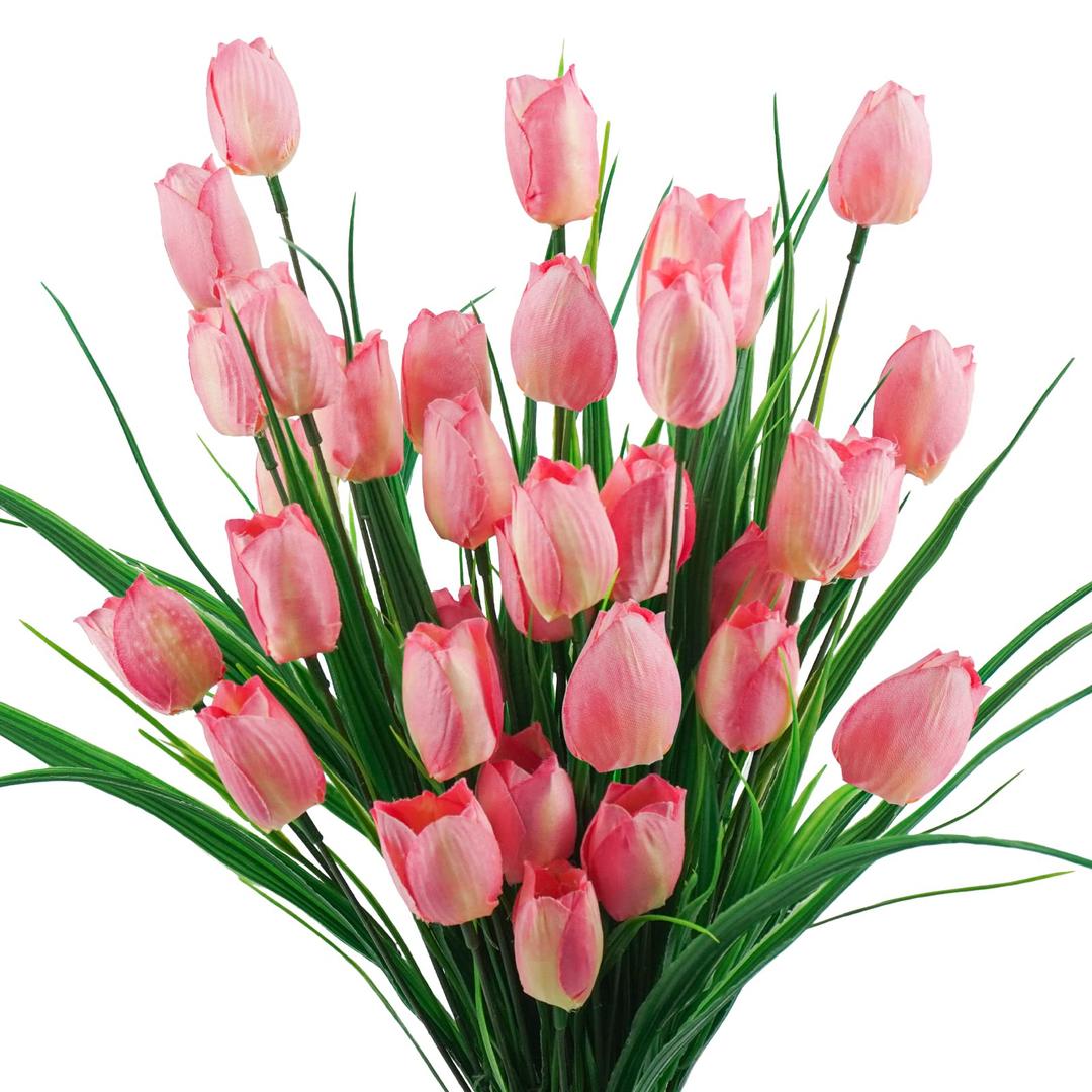 6 Bundles Tulips Artificial Flowers,30 Heads Outdoor Artificial Tulip Faux Plastic Greenery Shrubs Plants UV Resistant for Easter Home Outside Garden Porch Window Decor (Pink)