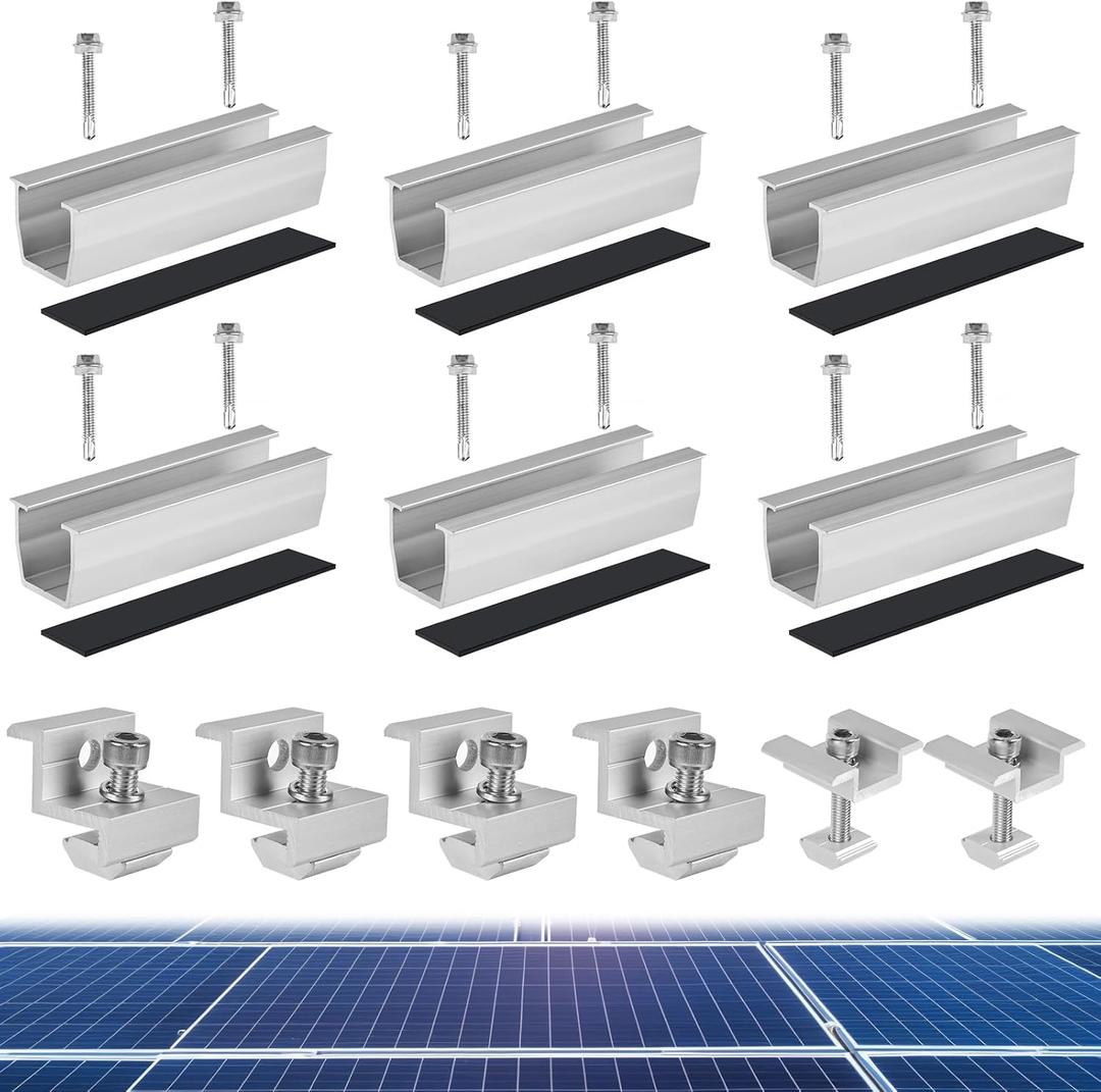 6 Pcs Solar Panel Mounting Brackets Rails, Solar Panel Mid and End Clamps Kit for Rooftop Mount PV Modules Fixing