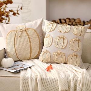 Mixweer Fall Pumpkin Pillow Covers 18 x 18 Inch Set of 2 3D Embroidery Layered Pumpkin Throw Pillow Covers Beige Farmhouse Autumn Pillowcases for Sofa Couch Home Halloween Thanksgiving Fall Decors