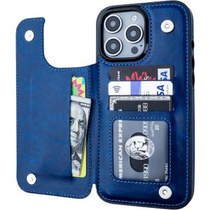 ONETOP Compatible with iPhone 16 Pro Max Wallet Case with Card Holder, PU Leather Kickstand Card Slots Case, Double Magnetic Clasp and Durable Shockproof Cover 6.9 Inch (Blue)