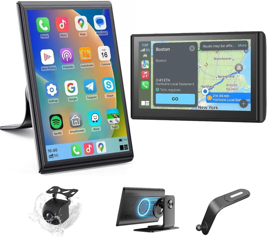 Portable CarPlay Screen for Car Wireless Car Play & Android Auto Touch Screen,7" HD,Landscape&Portrait,1080P Backup Camera GPS Navigation Music Voice Control Bluetooth AUX FM for All Vehicles
