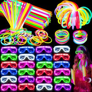 125 Pack Glow in the Dark Party Supplies with 100 Glow Sticks Bracelets and 25 Shutter Shades Flashing Glasses, LED Light Up Neon Pool Party Favors for Kid/Adult Birthday Wedding Carnival Halloween