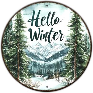 Round Christmas Metal Tin Sign Hello Winter Sign Christmas Pine Trees Welcome Door Sign Xmas Winter Holiday Farmhouse Rustic Wreath Sign for Indoor Outdoor Home Wall Window Decor 12*12 in
