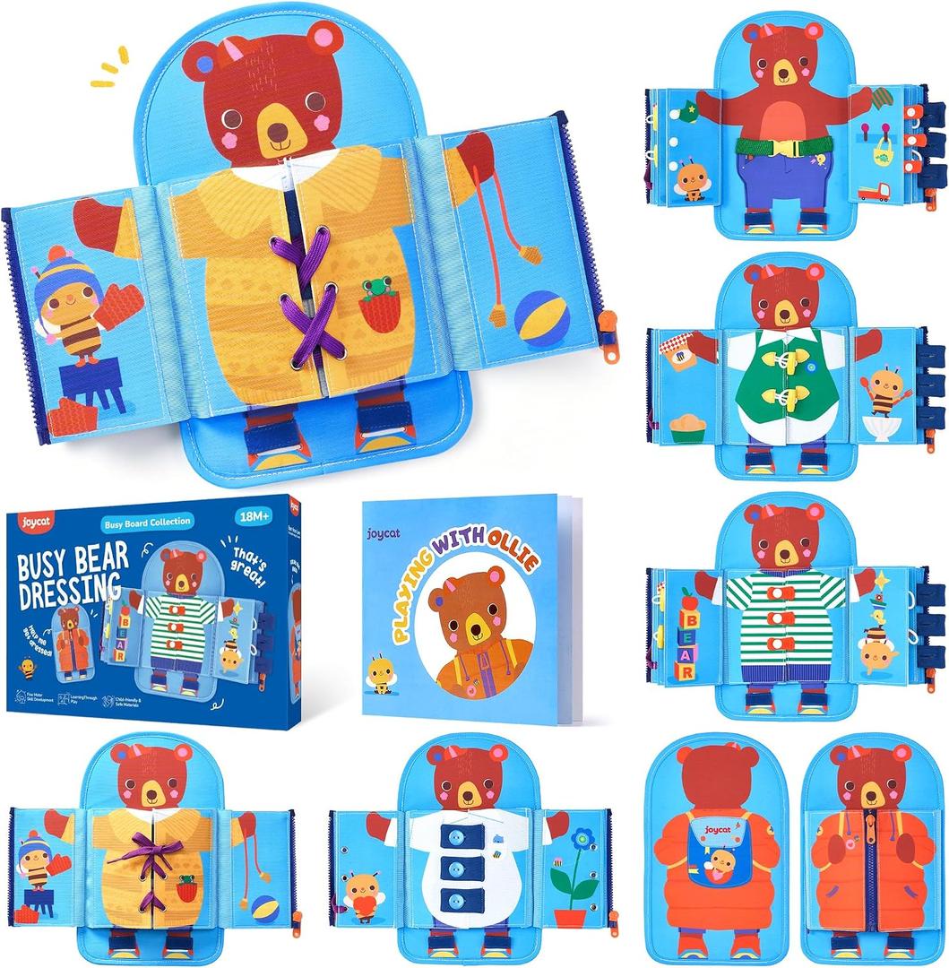JoyCat Dressing Busy Book for Toddlers 2-4, Montessori Toy with 7 Real Dressing Skills, Fine Motor Skills Toy, Travel Toys for Toddlers, Sensory Life Skills Preschool Learning Gift