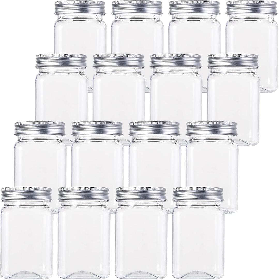 Bekith 16 Pack Clear Plastic Jars with Lids, 13oz Airtight Container for Food Storage, Refillable Square Empty Plastic Jars for Dry Food, Peanut Butter, Honey and Jam Storage