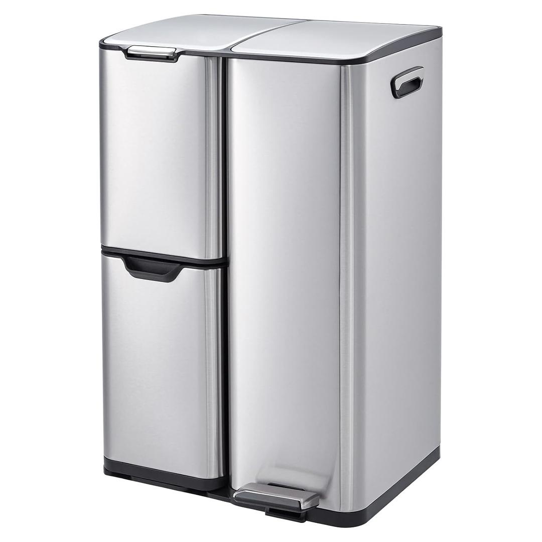 Garvee 3in1 Trash Can, 16 Gal Triple Compartment Garbage Cans for Kitchen, Stainless Steel Trash and Recycle Bin Combo with Lid, Plastic Inner Buckets, Foot Pedals for Office Home, Silver