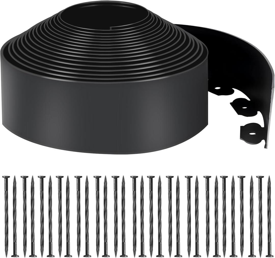 LINSHRY 33 FT Landscape Edging, 4 Inch Tall Garden Edging Border No Dig with 40 Spikes, Flexible Plastic Lawn Edging for Landscaping Flower Bed Yard (Black)