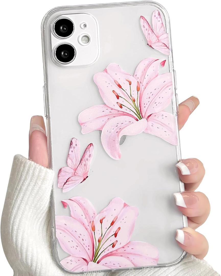 NITITOP Compatible with iPhone 12 Case Clear Cute Butterfly Lily Flower Floral Pattern for Women Girls Full Camera Lens Clear Slim Shockproof Protective Phone Cover - Pink