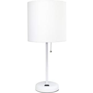 Simple Designs LT2024-WOW White Stick Table Desk Lamp with Charging Outlet and Drum Fabric Shade, White Shade (No Bulb)