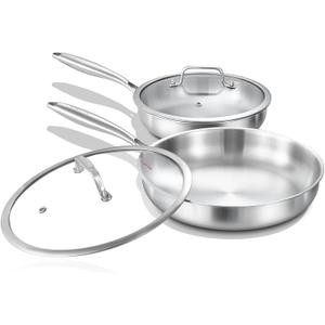 DELARLO Tri-ply Stainless Steel Frying Pan Set with Lid 10"12" Induction large Skillets Chef's Pan,Pots and Pans Set Kitchen Cookware Set Suitable for All Stove