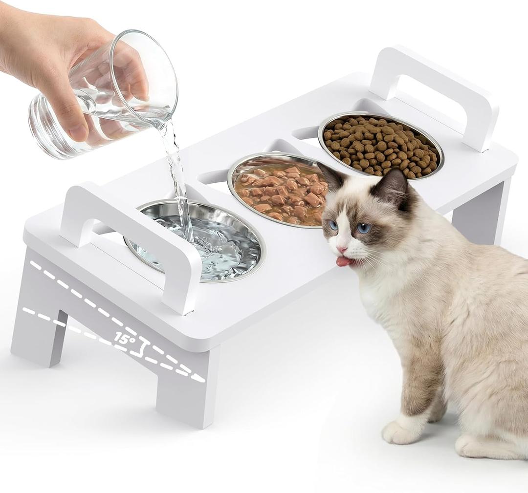 Elevated Cat Food Bowl, 3 Stainless Steel Raised Cat Bowls with Stand, 15Tilted Cats Bowl for Small Dog, Cats Food and Water Bowl Set, Anti Vomitting, Whisker Fatigue and Dishwasher Safe (White)