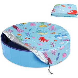Round Pool Cover 32", Foldable Kiddie Solar Cover Fit Dog Swimming Pool, Pets Kids Bath Tub, Anti-UV Dustproof Safety Pool Covers with Cute Ocean Animals Pattern, Small