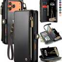 Defencase Compatible with iPhone 17 Pro Case Wallet with RFID Blocking Card Holder for Women and Men, Fashion PU Leather Magnetic Snap Flip Zipper Strap Wallet Phone Case for iPhone 17 Pro 6.3", Black