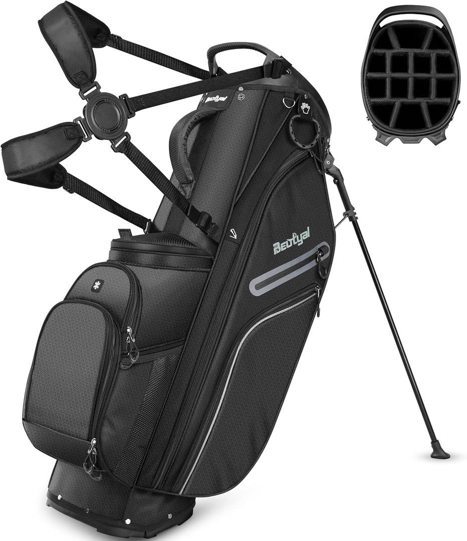 14 Way Full Length Dividers Golf Stand Bag, Lightweight Golf Bag with Stand for Men and Women Golf Club Carry Bag with Dual Strap & Rain Cover (Black)