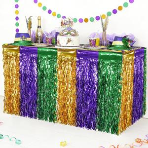 4 x CCINEE 4 Packs Mardi Gras Fringe Table Skirt Party Decorations, 36ft Purple Green Gold Wavy Metallic Tinsel Foil Carnival Table Skirts For Mardi Gras Carnival Holiday Masquerade Party