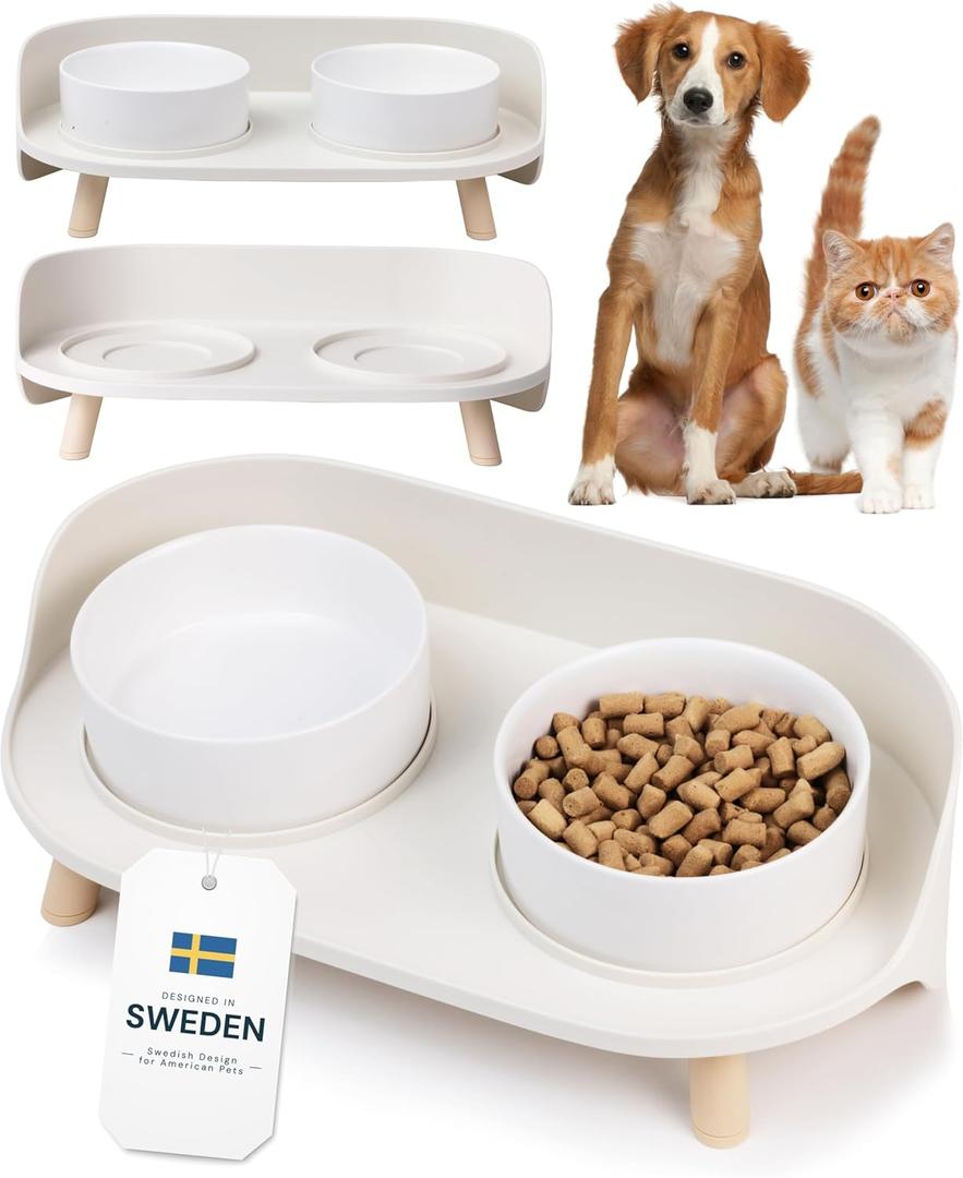 MalsiPree Dog Bowls Elevated & Pet Bowls - Small, Sand Beige - 45 Tilt Stand with Splash Guard - Dog Feeding Station with Ceramic Dishes for Food & Water