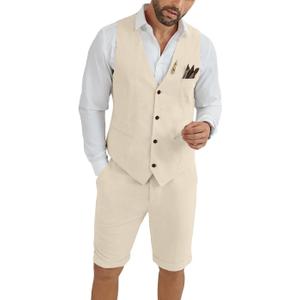 Mens Linen Suit 2 Piece Short Suits for Men Casual Summer Beach Groom Wedding Suit Linen Vest Shorts Set (4X-Large, Champagne)