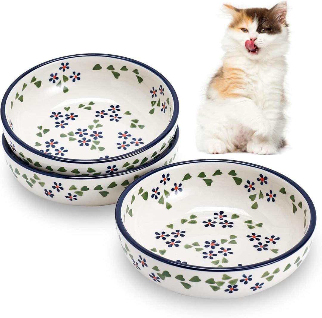Howise - Cuencos de cermica para gatos, 5.3 pulgadas, platos para comida y agua, paquete de 3 cuencos poco profundos para gatos de interior, azul floral