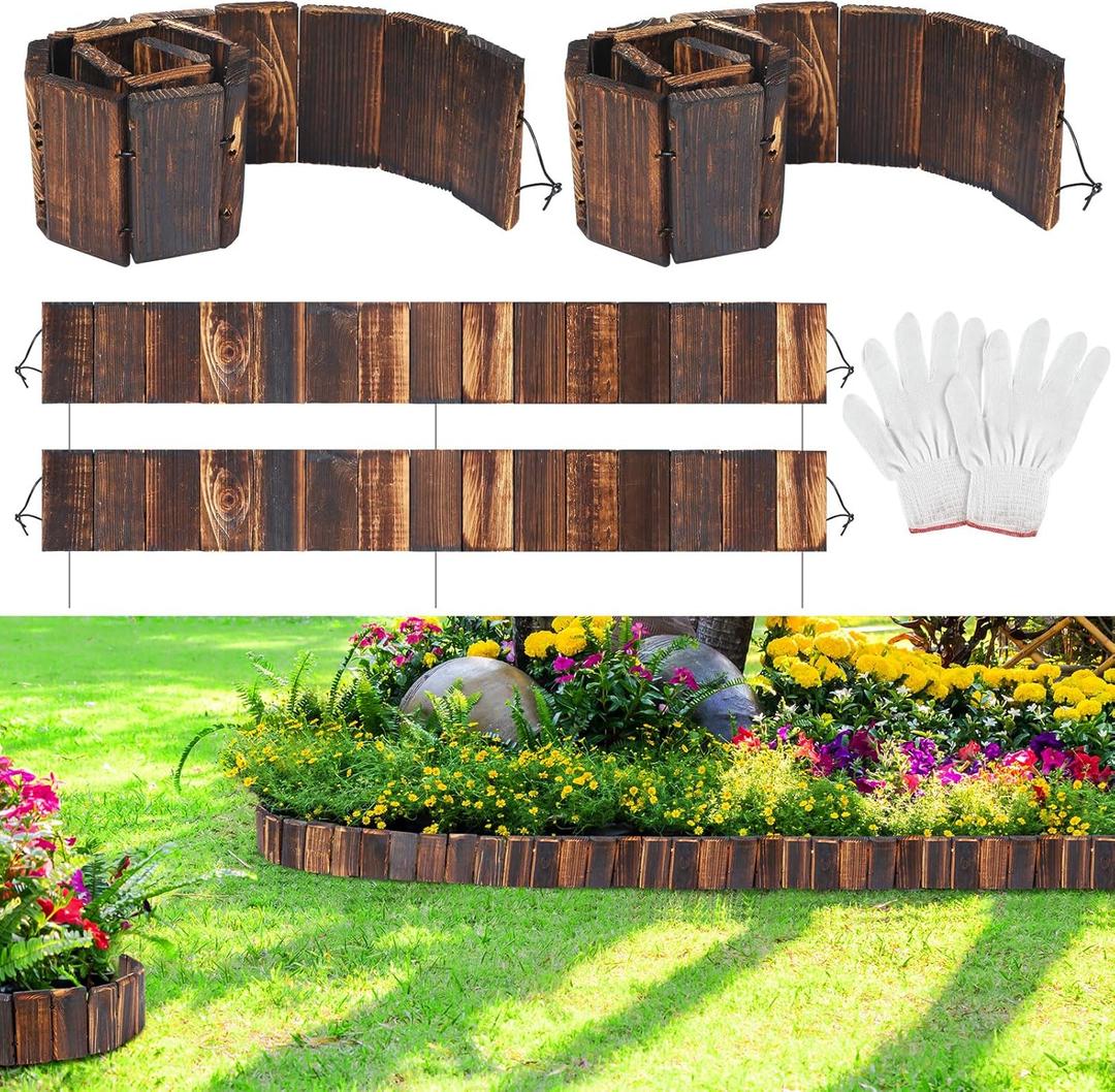 Suzile 4 Pcs Wooden Garden Edging Border 4 x 30 Inch Wood Landscape Edging with Gloves 10ft Flexible Bed Grass Weed Barrier for Decorative Lawn Yard Patio Driveway Pathway Tree Fences