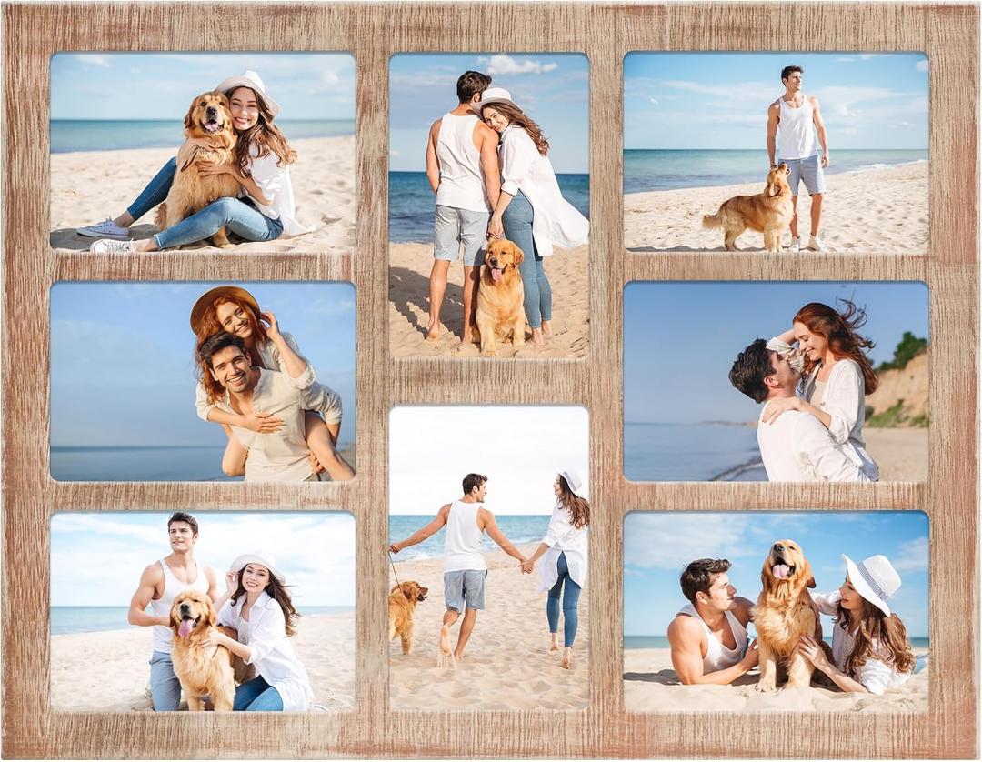 YESKAY 4x6 Collage Picture Frame - 8 Opening 4 x 6 Photo Frames Display,Multiple Family Photo Collage Frames with Real Glass for Wall Decor,Rustic Brown 1 Pack(OD:13X17in)