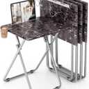 Folding TV Tray Table with Cup Holder, TV Dinner Table with Sturdy MDF Top, Eating Trays with Tablet Slot for Living Room, Bedroom, Sofa (Black Marble, 4Pcs)