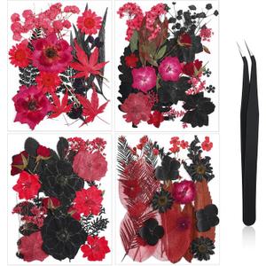 Nuanchu Black Red Dried Pressed Flowers for Crafts Christmas Dried Flowers Real Natural Pressed Wildflowers with Tweezer for Resin Mold Scrapbooking Nail Soap Candle Card Making Cake DIY Art Jewelry
