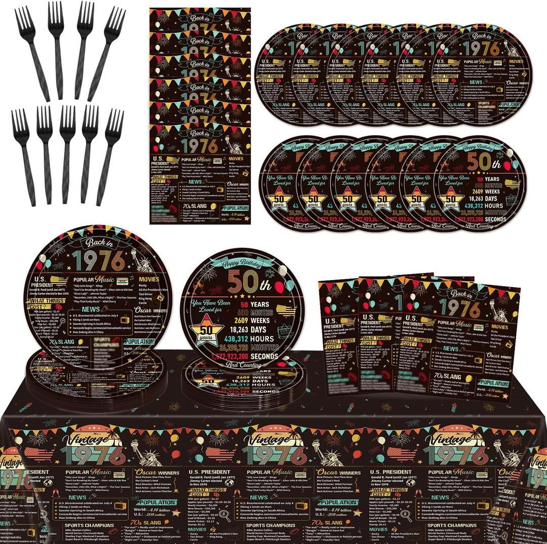 50th Birthday Party Plates Napkins and Tablecloth Decor, 98PCS Back in 1976 50th Birthday Decorations Men Women, Disposable Tableware and Plastic Table Cover Party Supplies