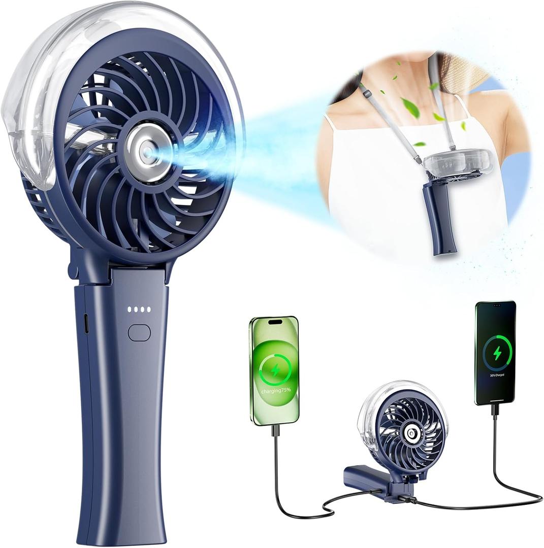 4000mAh Portable Misting Fan, Personal Mister Fan Rechargeable, Spray Water Mist Fans USB Rechargeable, Foldable Mini Cooling Handheld Fans, for Summer Beach Travel(Royal Blue)