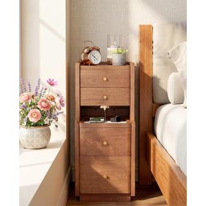 Narrow Nightstand with 4 Drawers, Solid Wood Narrow End Table, Modern Skinny Nightstand with 1 Semi-Open Shelf, Thin Couch Side End Table Night Stand with Drawers, 15.7"D x 11.8"W x 26.9"H