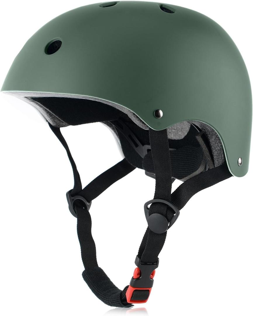 Skateboard Bike Helmet, Lightweight Adjustable, Multi-Sport for Bicycle Skate Scooter, 3 Sizes for Adult Youth & Kids (Large: 57-61 cm / 22.4"-24", Matte Blackish Green)