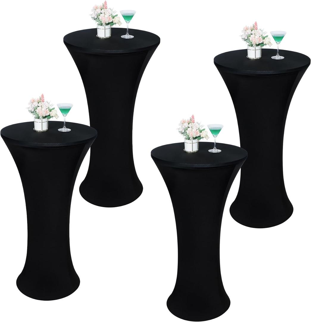 Wolkemer 4PCS 24x43 Inch Black Round Cocktail Tablecloth Fitted Highboy Stretch Cocktail Table Cover for Banquet Bar Party Pub Wedding Indoor Outdoor