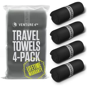 VENTURE 4TH - 4pcs Quick Dry Towels. Microfiber Travel Towels. Lightweight & Fast Drying Travel Towels for Body. Compact & Easy to Pack - 4 Pack Black Extra Large
