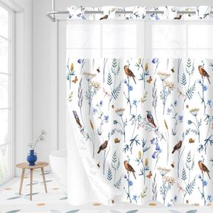 Litabel No Hook Blue Cute Floral Shower Curtain and Liner Set, Modern Fabric Shower Curtain with Snap in Liner, Watercolor Birds, Butterflies, Snails & Flower Design, 72 x 74