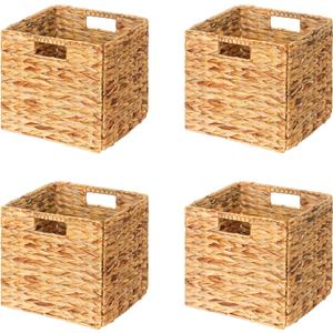SpaceAid 4 Pack Wicker Basket, Storage Baskets for Organizing, Woven Rattan Basket with Handles for Shelves, Water Hyacinth Large Cube Organizer Storage Bin, 12x12x12 inch, Natural
