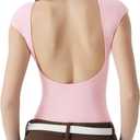 SUUKSESS Women Backless Y2k Short Sleeve Bodysuit Double Lined Open Back Sexy Basic Top, M