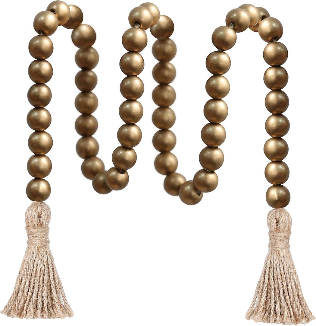 Meplait 39in Wood Bead Garland Farmhouse with Tassels,Versatile Prayer Beads Boho Chic Wall Hanging Home Decor (Gold)