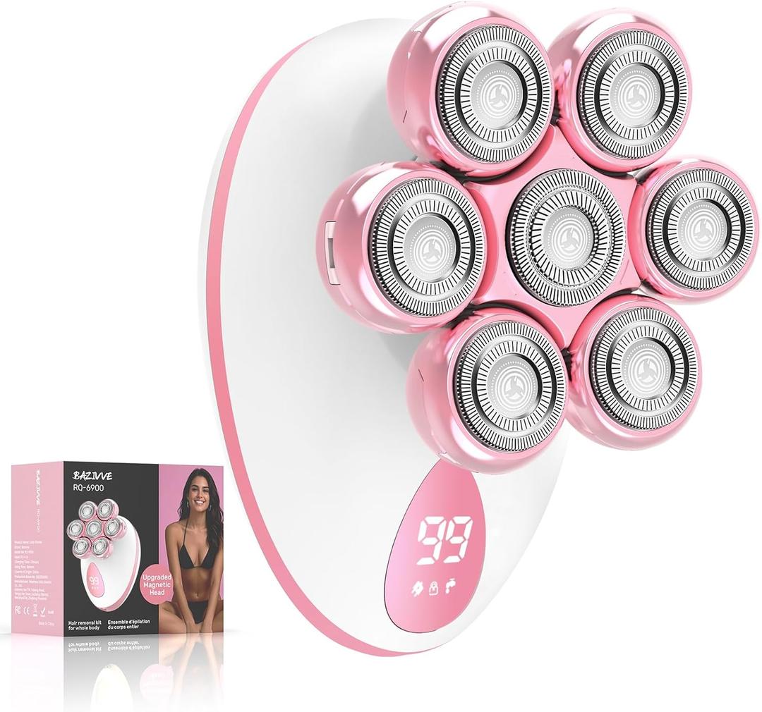 Electric Razors for Women, 7D Rotary Shaver for Legs Bikini Rechargeable, Wet/Dry Hair Removal Kit for Whole Body, Cordless Lady Trimmer Groomer, Wider Shaving Surface, Pink