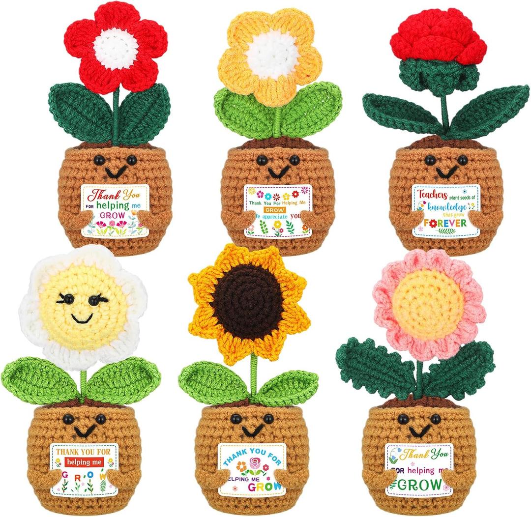 6 Pcs Thank You for Helping Me Grow Gifts End of Year Teacher Gift Mini Positive Sunflower Doll Flowers Crochet with Card for Graduation Birthday from Student