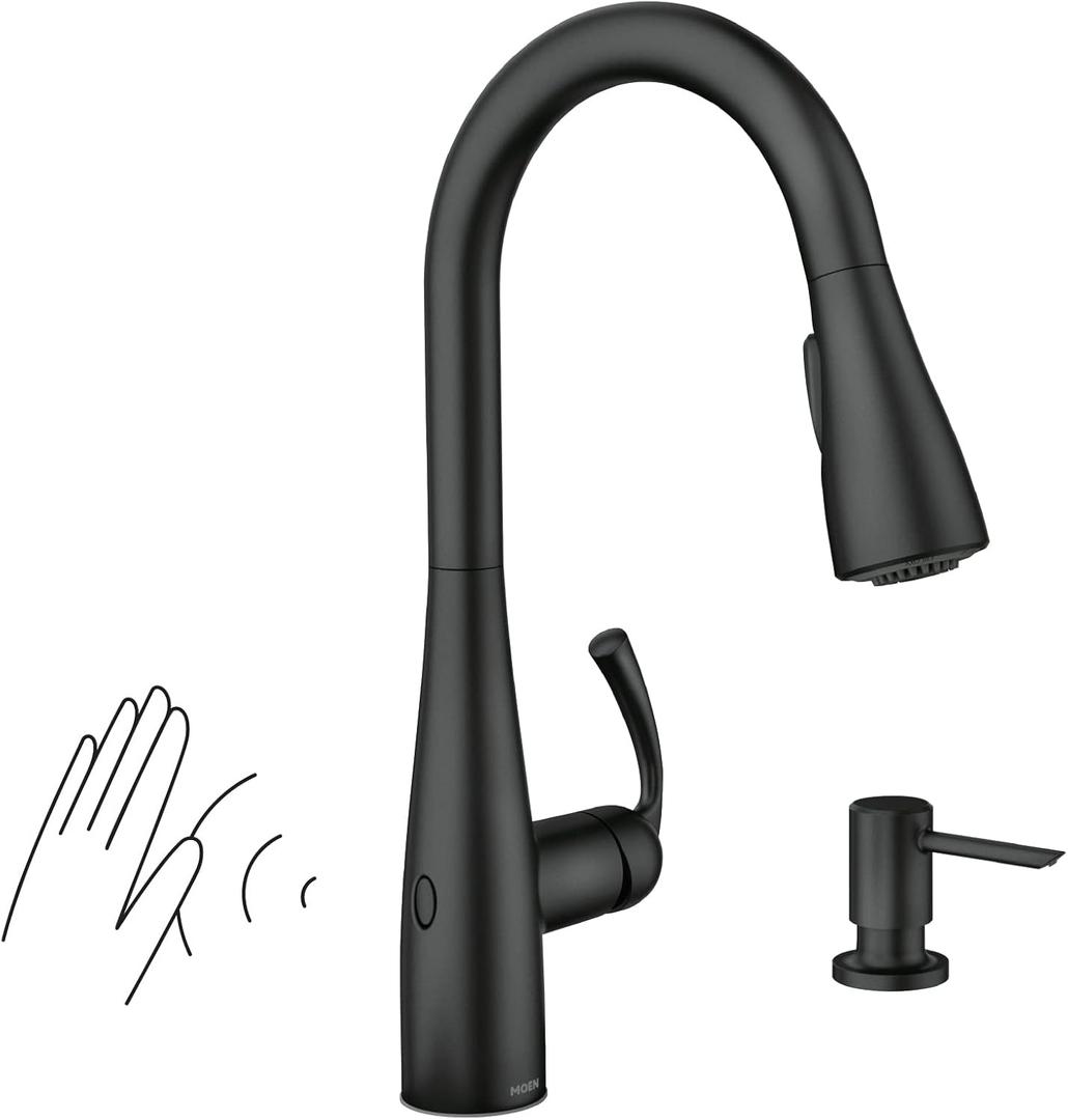 Moen Essie Matte Black MotionSense Wave One-Handle Touchless Kitchen Faucet with Pulldown Sprayer and Soap Dispenser, 87014EWBL