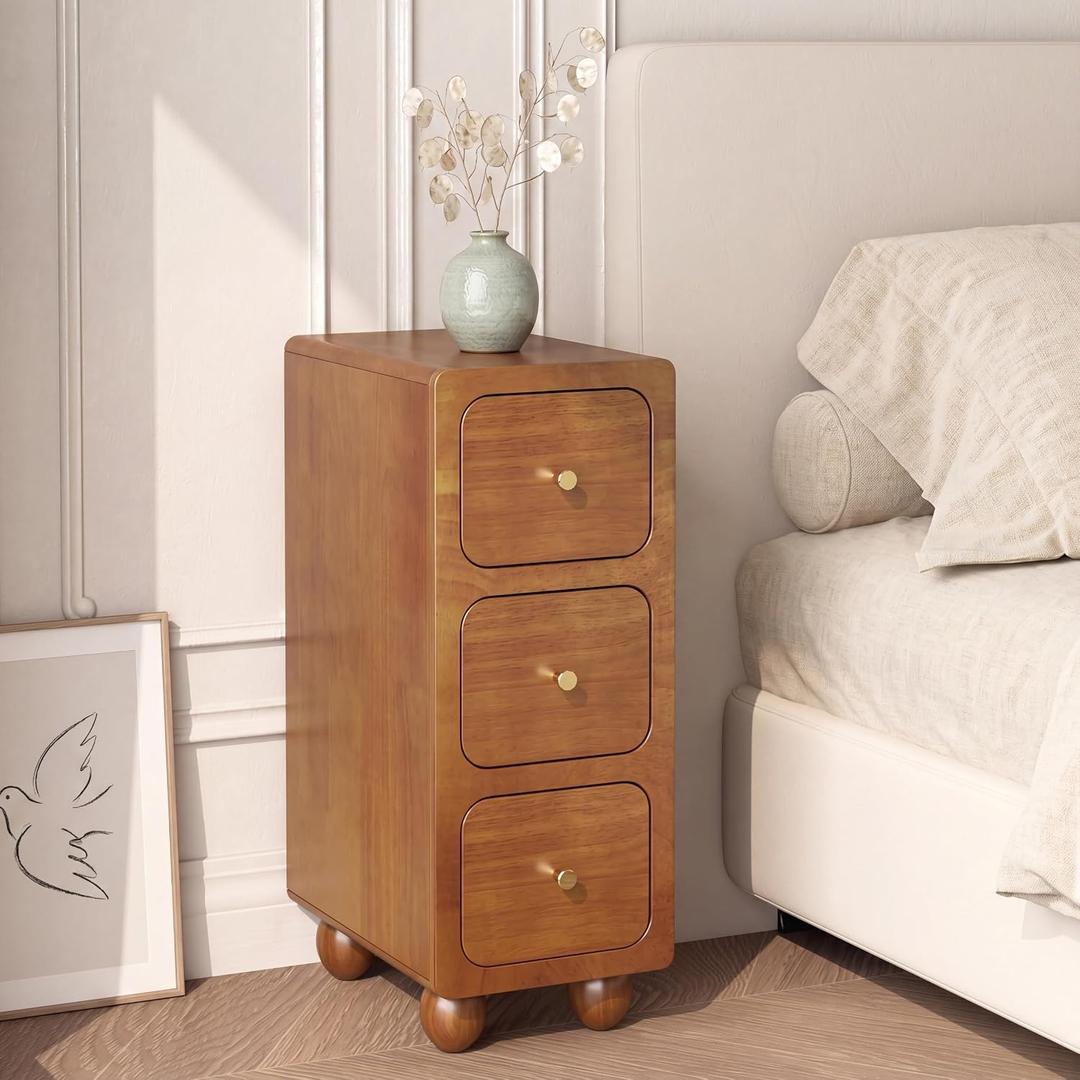 Narrow Nightstand with 3 Drawers, Solid Wood End Table Narrow Bedside Table, Mid Century Modern Nightstand, Slim Wooden End Tables for Bedroom, Walnut, 9.7*15*25.8 Inch