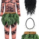 Red Modern Underwater Floral Cotton Mens Costume with Black Wig & Necklace for Adult Males Cosplay, 3XL