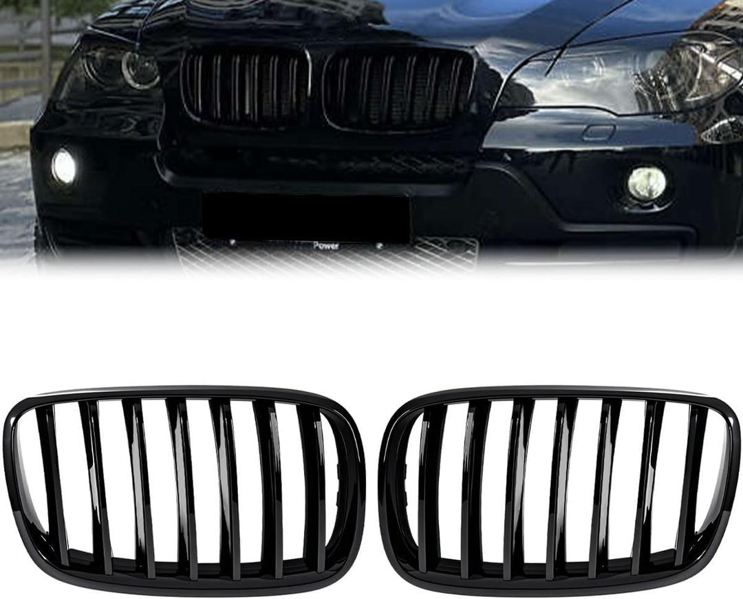 Front Grill Compatible with 2007-2013 BMW X5 E70 2008-2014 BMW X6 E71,ABS Front Kidney Grille Single Slats Gloss Black Kidney Hood Bumber Grill Replacement