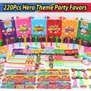 220PCS Hero Party Favors Kit Birthday Supplies Includes Goodies Bags, Straws, Bubble Wands, Notebook & More Perfect for Party Decorations & Pinata Fillers
