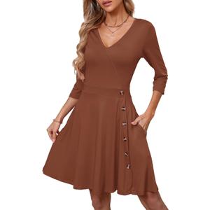PerZeal Casual Dress for Women V-Neck 3/ 4 Sleeve Wedding Guest Knee-Length A-Line Cocktail Party Dress with Pockets Brown X-Large