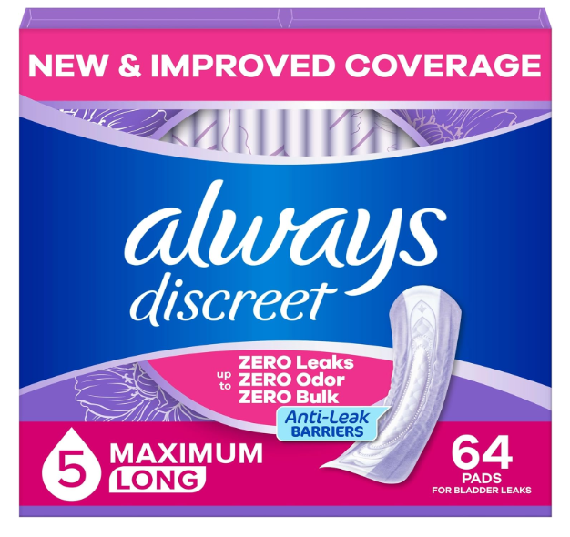 Always Discreet Adult Incontinence Pads for Women, Drier, 5 Drop Long Length, Heavy Absorbency, Pads for Bladder Control Management, Bladder Leaks, & Postpartum Pads, 64ct