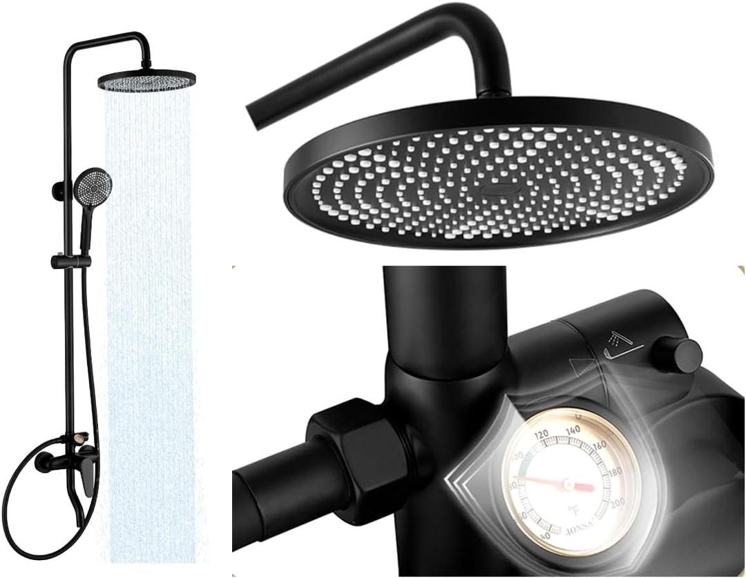 Outdoor Shower, 3 Functions Outdoor Shower Fixture SUS304 Stainless Steel Rain Shower Kit Faucet High Pressure Wall Mount 10 Inch Showerhead and Handheld Spray Combo,Single Handle, Matte Black